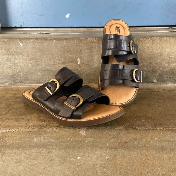 Born Shoes - Born Black Leather Double Buckle Slide Sandals